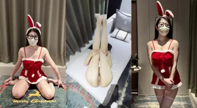 [原创]圣诞夜操高颜值兔女郎，戴着眼镜跪在落地窗前，最后射在小骚穴上。